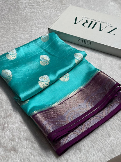 Sky Blue Flower Boota Pure Caramel Mango Silk Saree