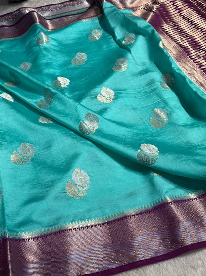 Sky Blue Flower Boota Pure Caramel Mango Silk Saree
