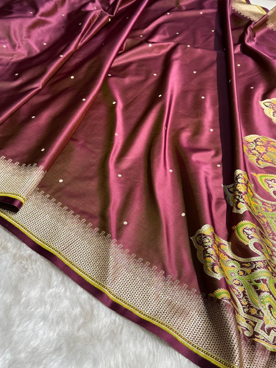 Velvet Maroon Booti Pattern Satin Katan Silk Saree SK56