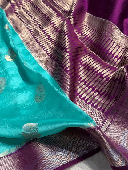 Sky Blue Flower Boota Pure Caramel Mango Silk Saree