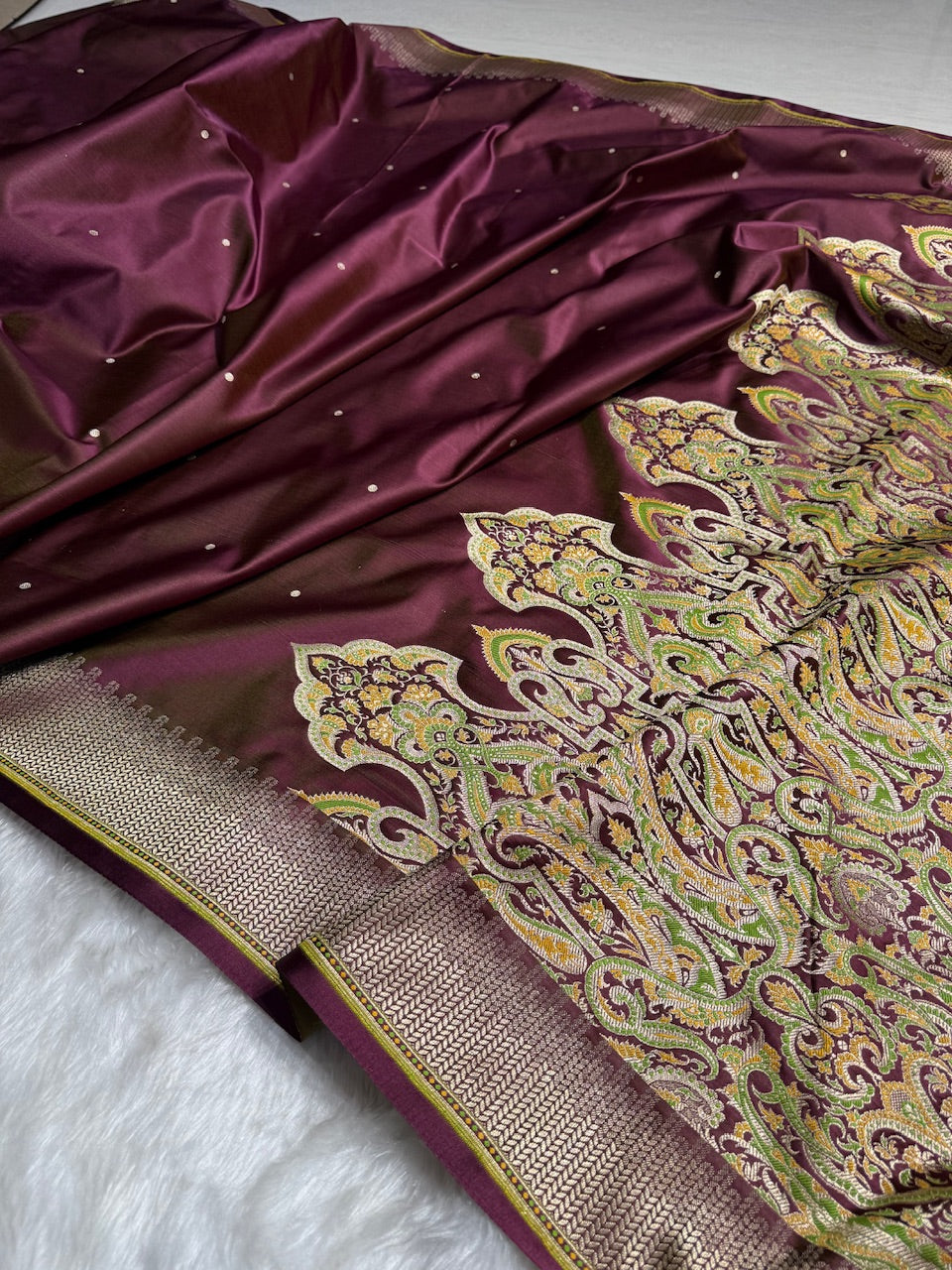 Velvet Maroon Booti Pattern Satin Katan Silk Saree SK56