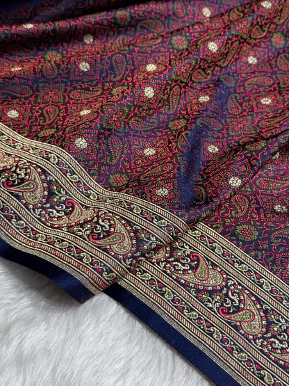 Royal Blue Contras Jamawar Tanchoi Jaal Katan Silk Saree SKTM-19
