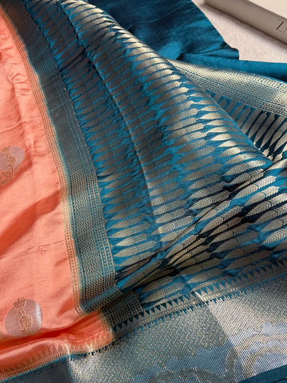 Peach Flower Boota Pure Caramel Mango Silk Saree