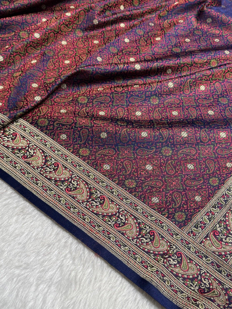 Royal Blue Contras Jamawar Tanchoi Jaal Katan Silk Saree SKTM-19