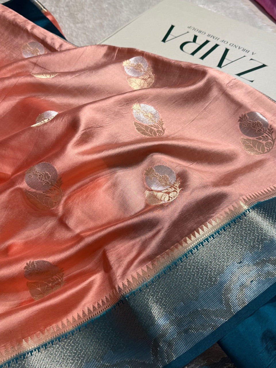 Peach Flower Boota Pure Caramel Mango Silk Saree