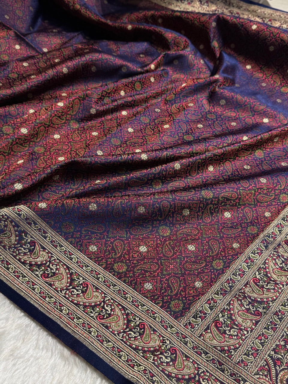 Royal Blue Contras Jamawar Tanchoi Jaal Katan Silk Saree SKTM-19