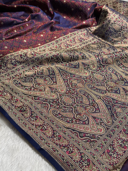 Royal Blue Contras Jamawar Tanchoi Jaal Katan Silk Saree SKTM-19