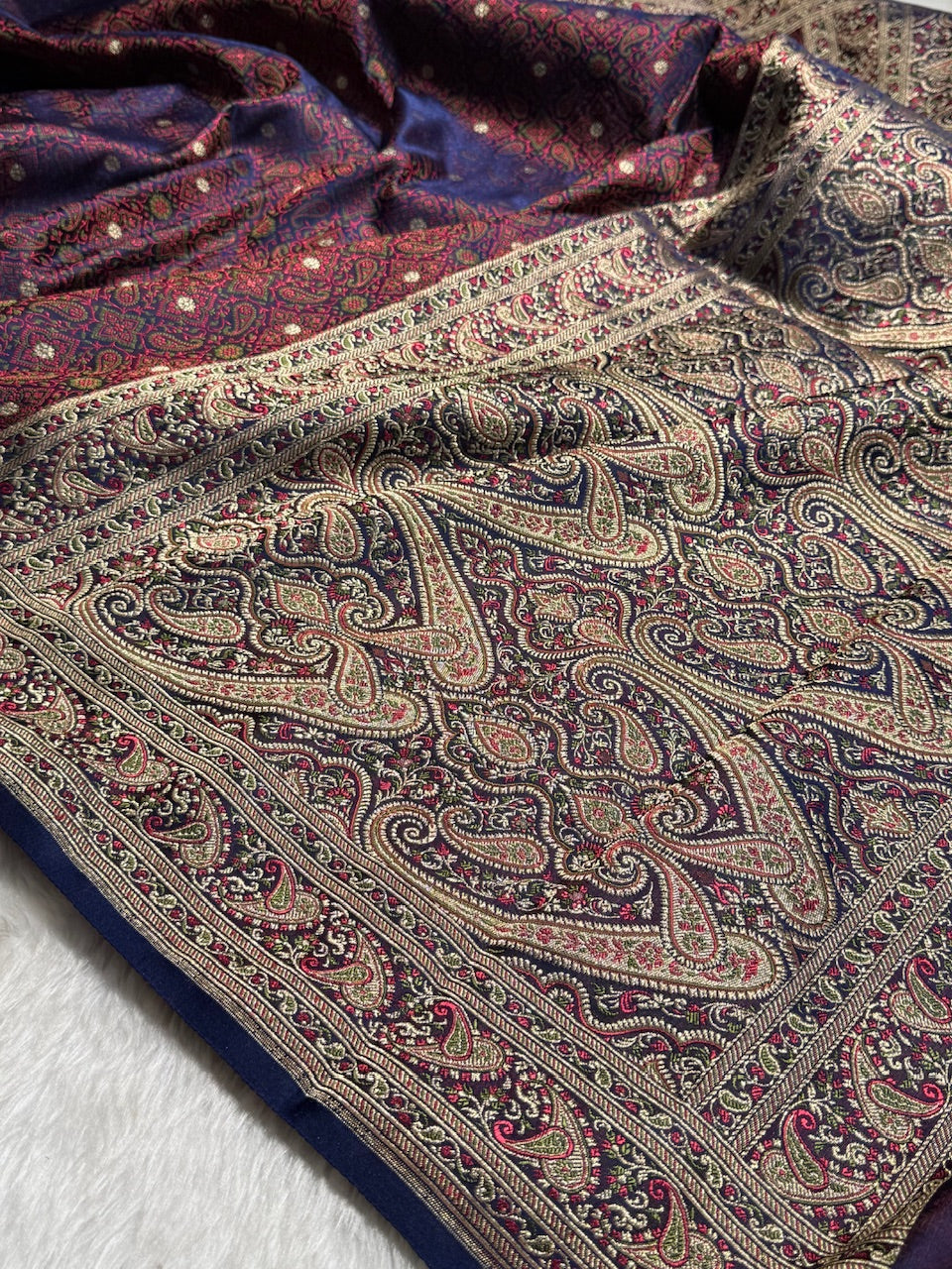 Royal Blue Contras Jamawar Tanchoi Jaal Katan Silk Saree SKTM-19