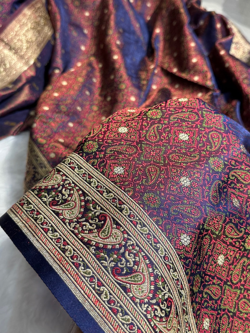 Royal Blue Contras Jamawar Tanchoi Jaal Katan Silk Saree SKTM-19
