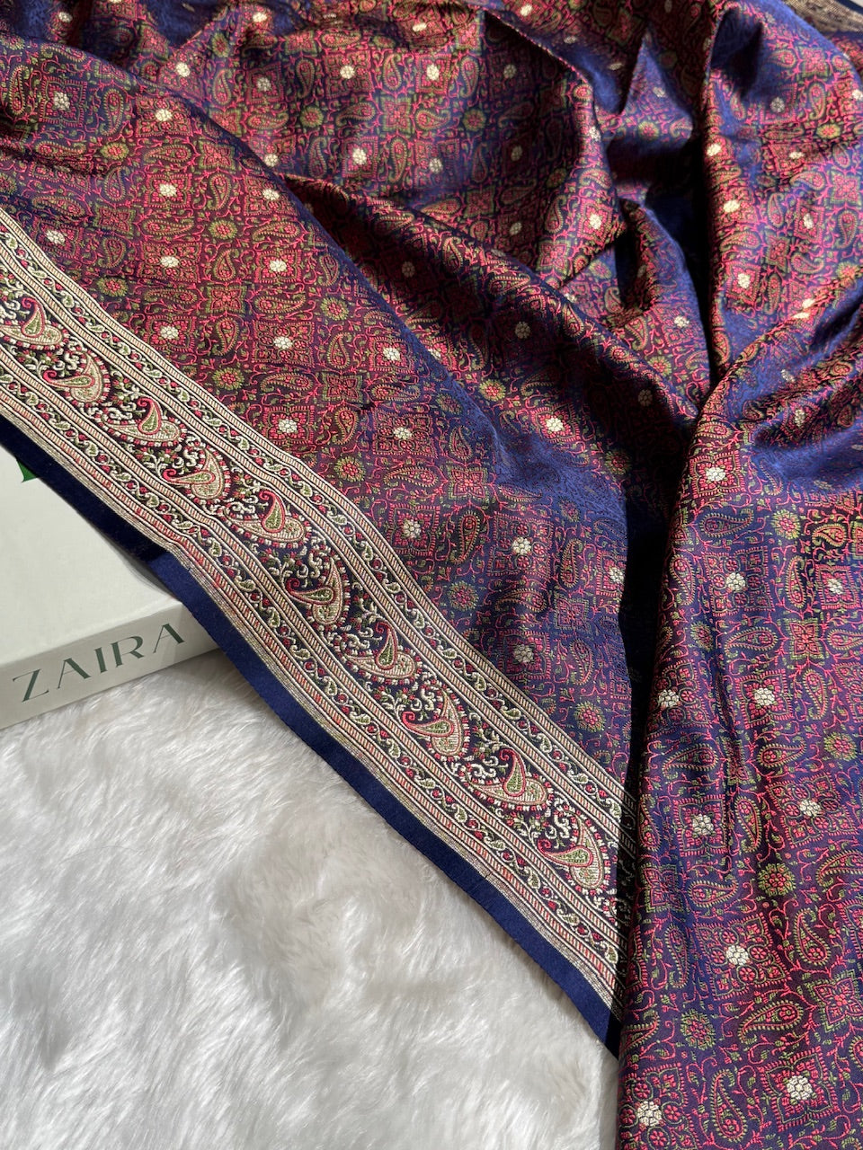 Royal Blue Contras Jamawar Tanchoi Jaal Katan Silk Saree SKTM-19