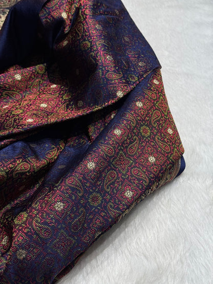 Royal Blue Contras Jamawar Tanchoi Jaal Katan Silk Saree SKTM-19