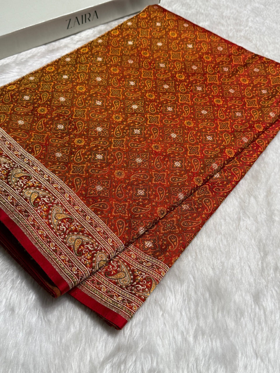 Redish Gold Jamawar Tanchoi Jaal Katan Silk Saree SKTM-19