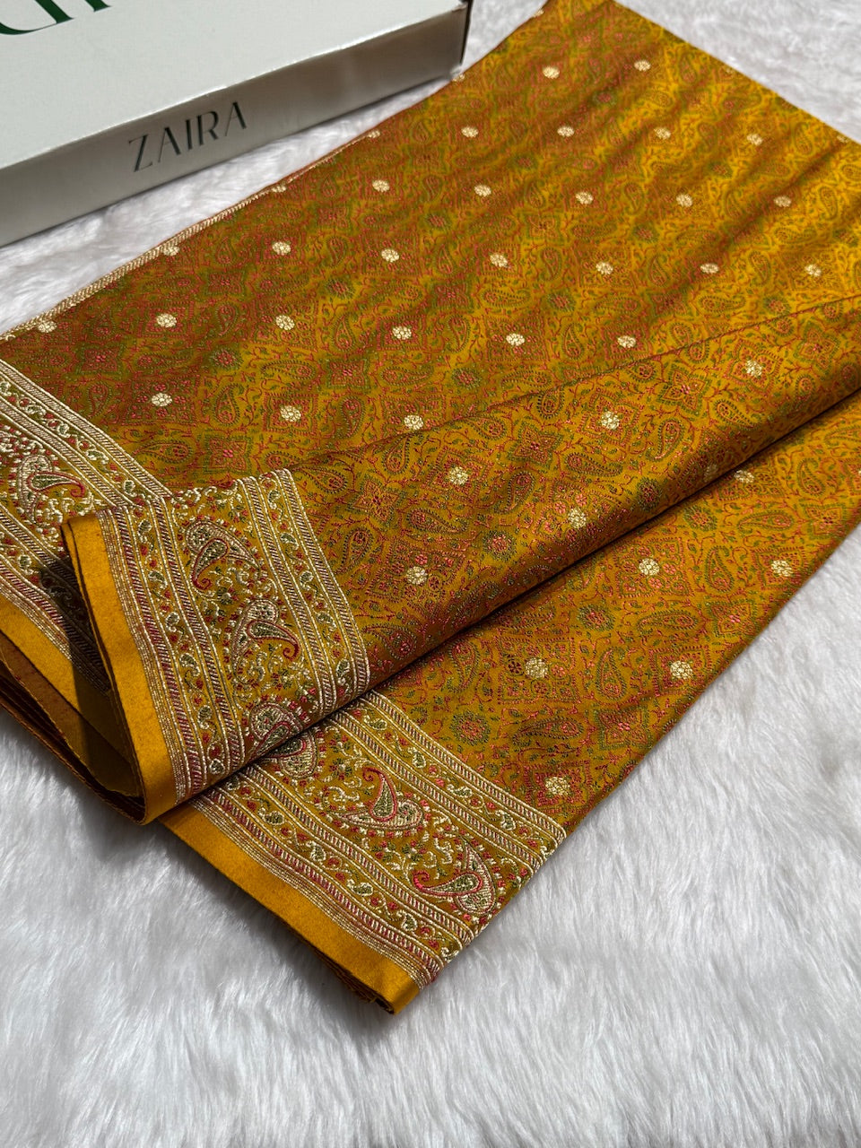 Mustard Jamawar Tanchoi Jaal Katan Silk Saree SKTM-19