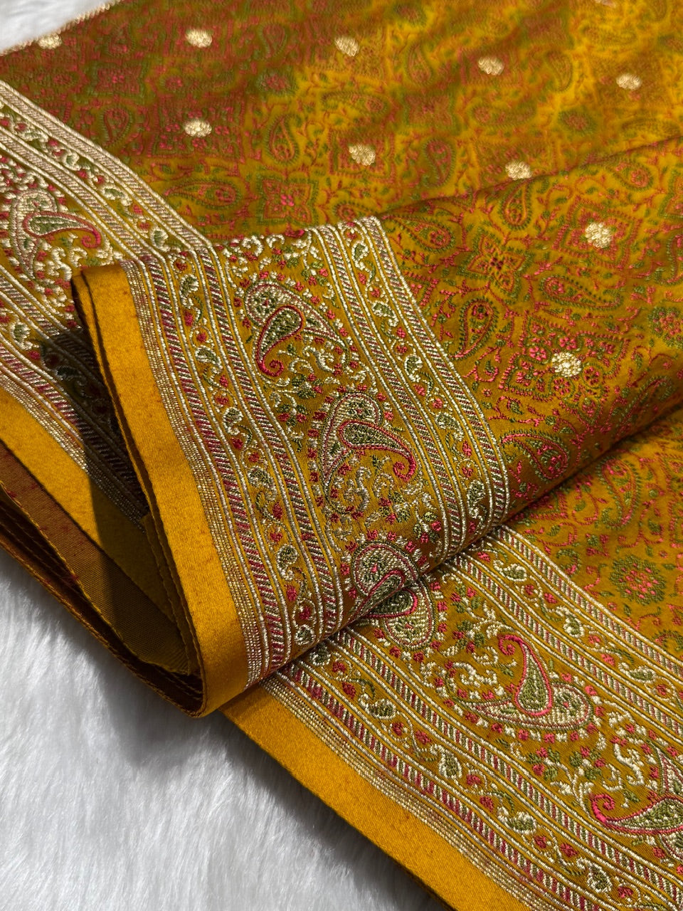 Mustard Jamawar Tanchoi Jaal Katan Silk Saree SKTM-19
