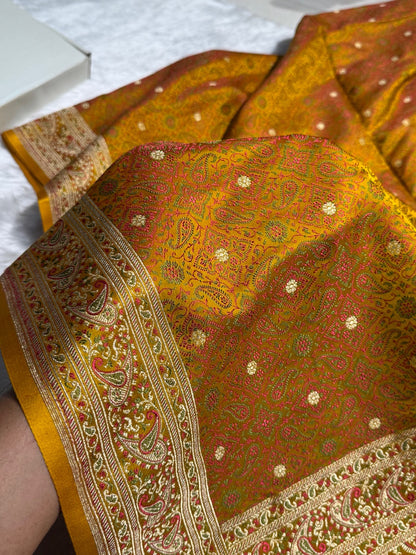 Mustard Jamawar Tanchoi Jaal Katan Silk Saree SKTM-19