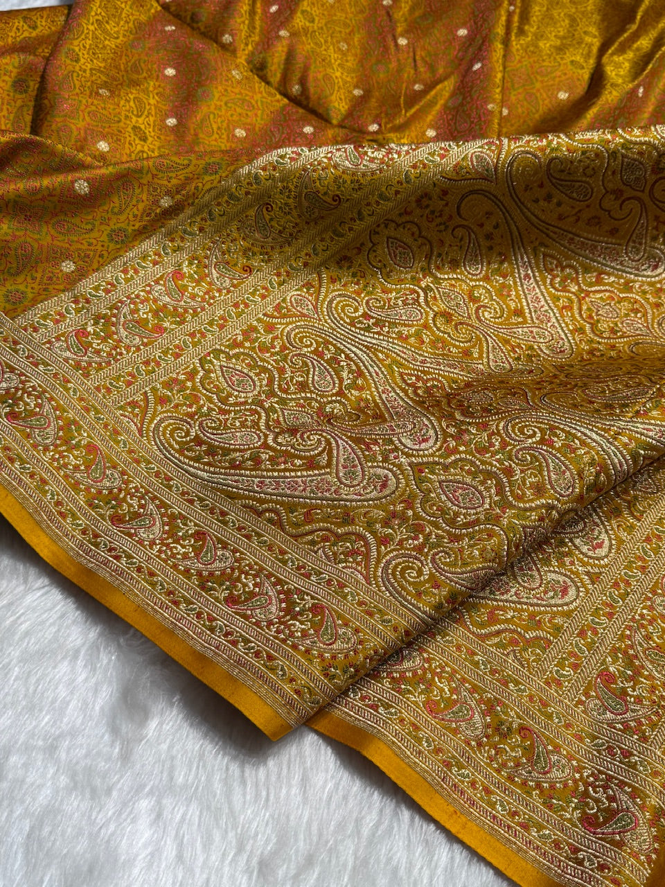 Mustard Jamawar Tanchoi Jaal Katan Silk Saree SKTM-19
