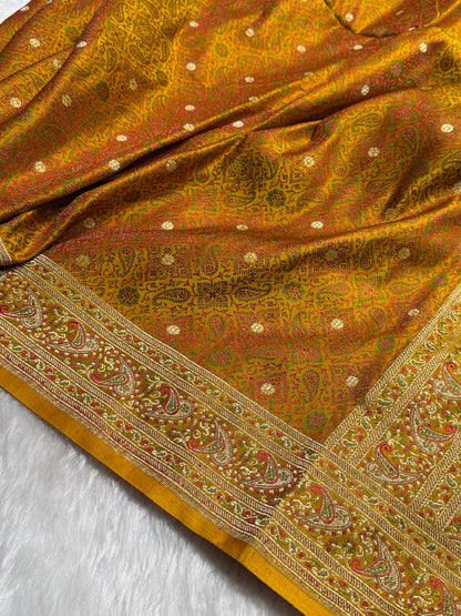 Mustard Jamawar Tanchoi Jaal Katan Silk Saree SKTM-19