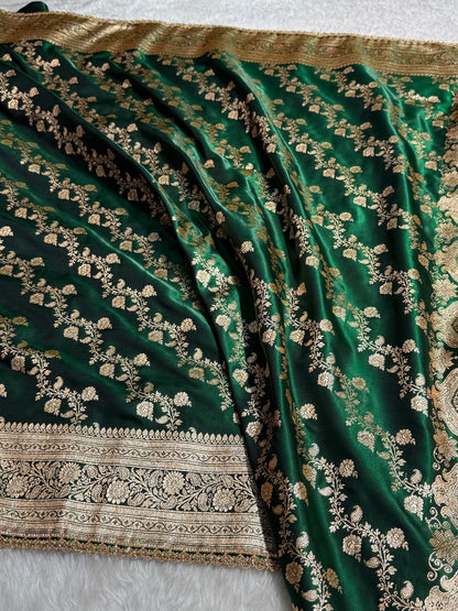 Banarasi Bottle Green Cross Satin Silk Saree With Gota Patti SSGP11