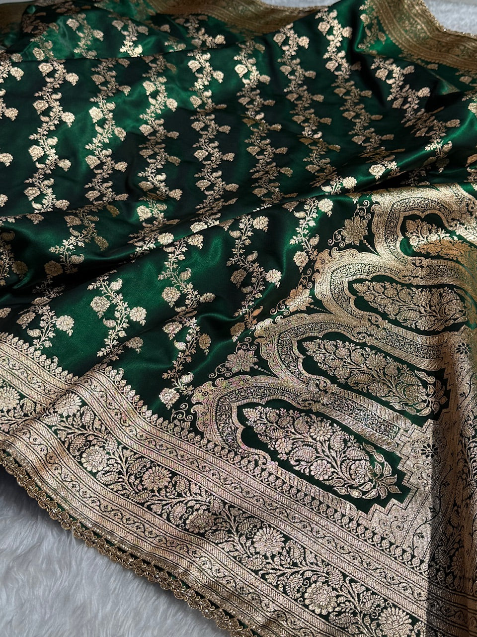 Banarasi Bottle Green Cross Satin Silk Saree With Gota Patti SSGP11