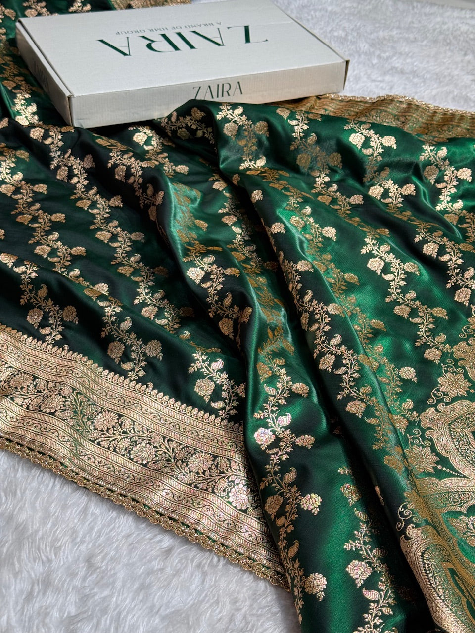Banarasi Bottle Green Cross Satin Silk Saree With Gota Patti SSGP11