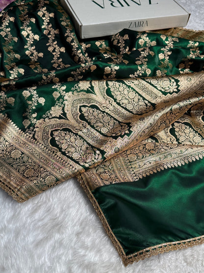Banarasi Bottle Green Cross Satin Silk Saree With Gota Patti SSGP11