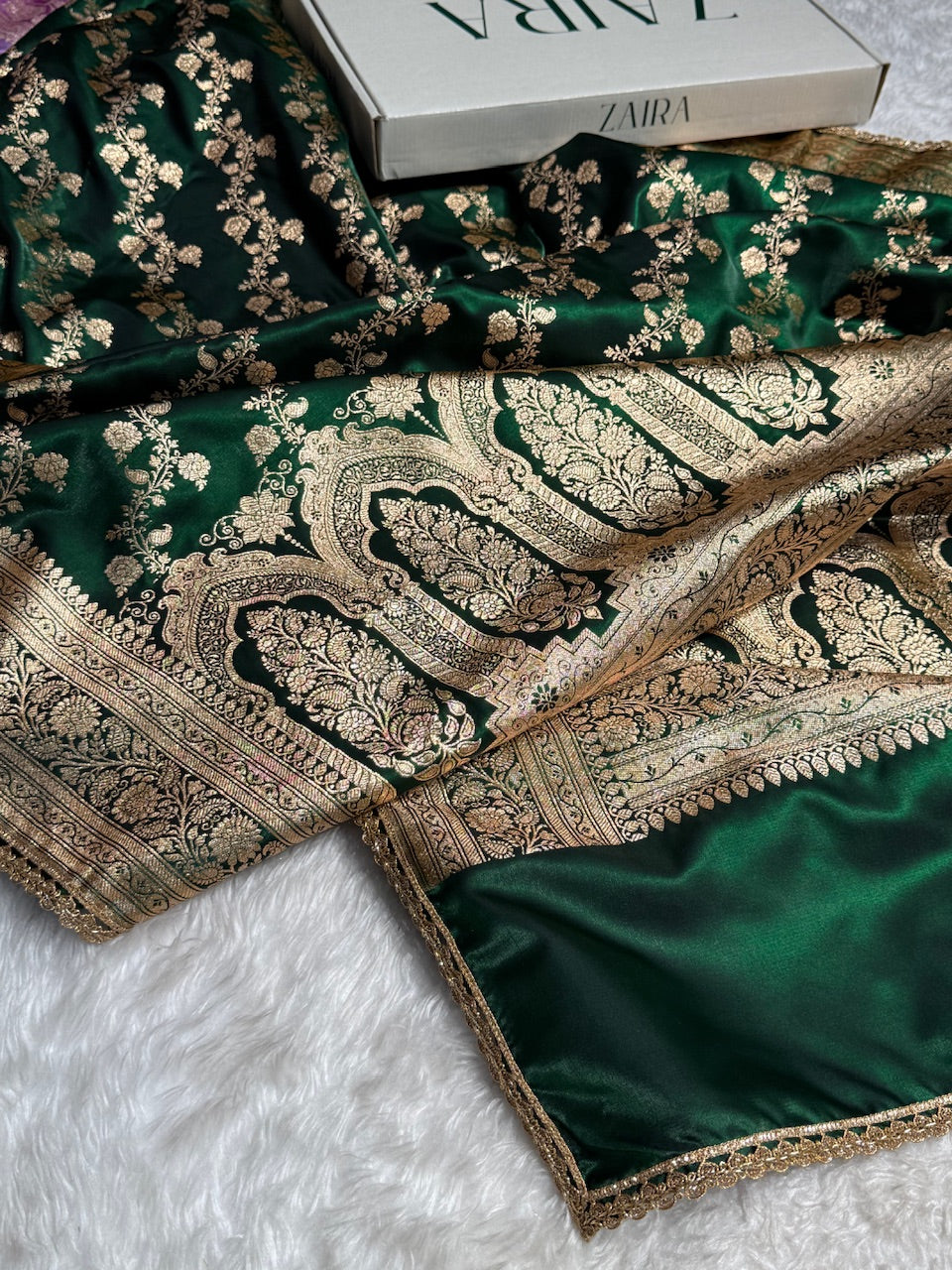 Banarasi Bottle Green Cross Satin Silk Saree With Gota Patti SSGP11