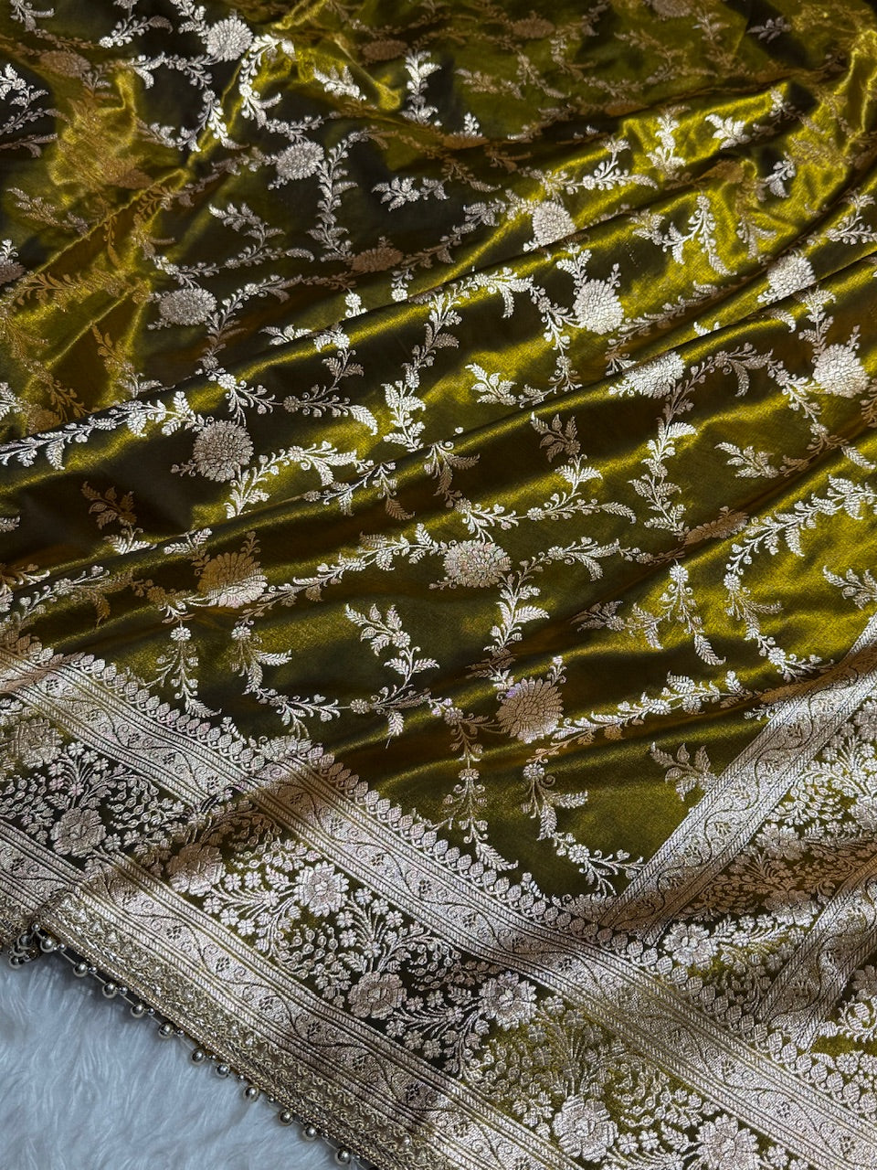 Satin Silk Jaal in Mehandi Green Shades With Gota Patii SSGP14
