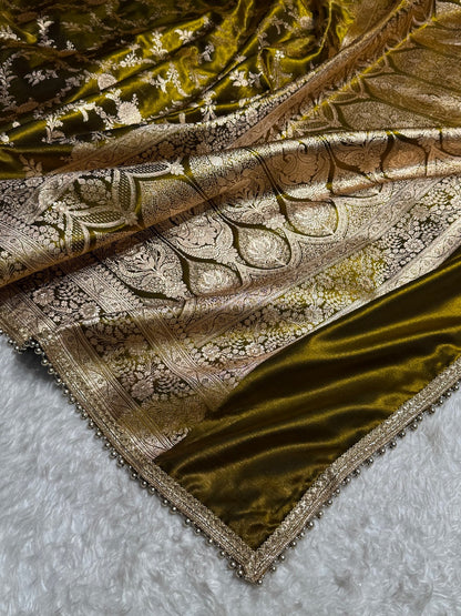 Satin Silk Jaal in Mehandi Green Shades With Gota Patii SSGP14