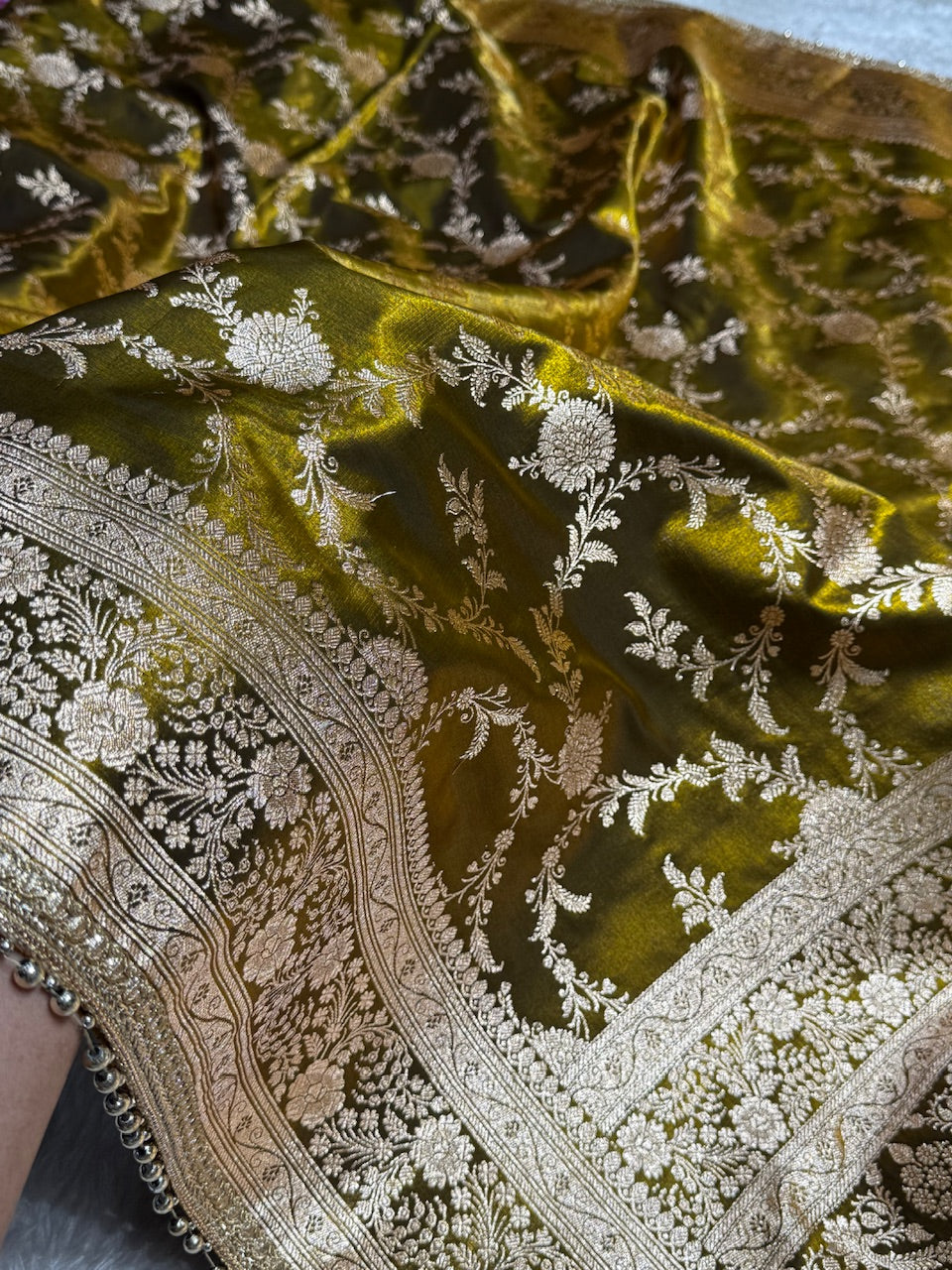Satin Silk Jaal in Mehandi Green Shades With Gota Patii SSGP14