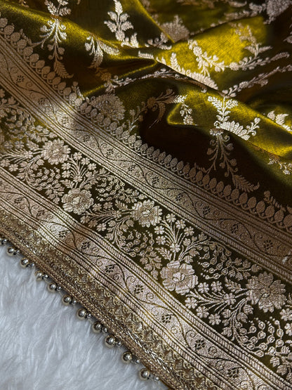 Satin Silk Jaal in Mehandi Green Shades With Gota Patii SSGP14