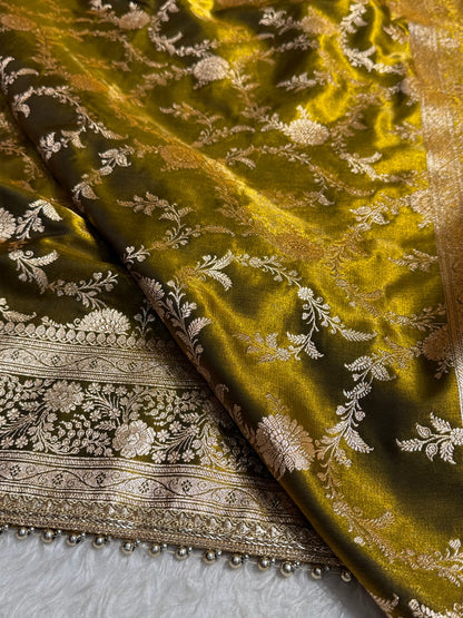 Satin Silk Jaal in Mehandi Green Shades With Gota Patii SSGP14