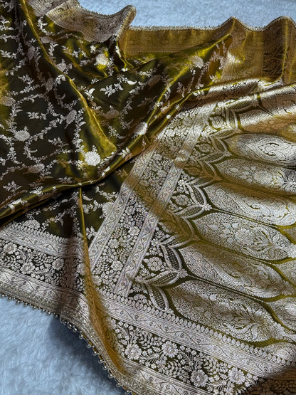 Satin Silk Jaal in Mehandi Green Shades With Gota Patii SSGP14