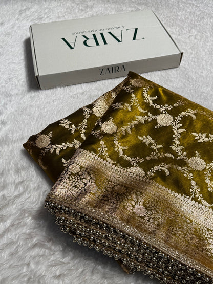 Satin Silk Jaal in Mehandi Green Shades With Gota Patii SSGP14