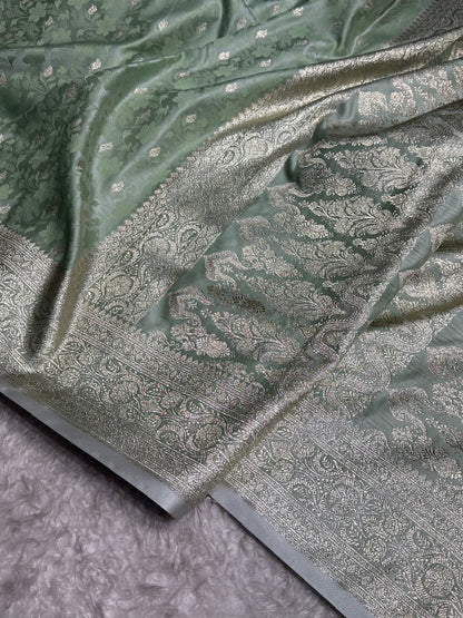 Light Pista Tanchoi Satin Katan Silk Saree SKTM-03