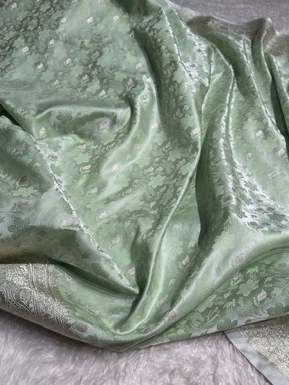 Light Pista Tanchoi Satin Katan Silk Saree SKTM-03
