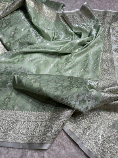 Light Pista Tanchoi Satin Katan Silk Saree SKTM-03