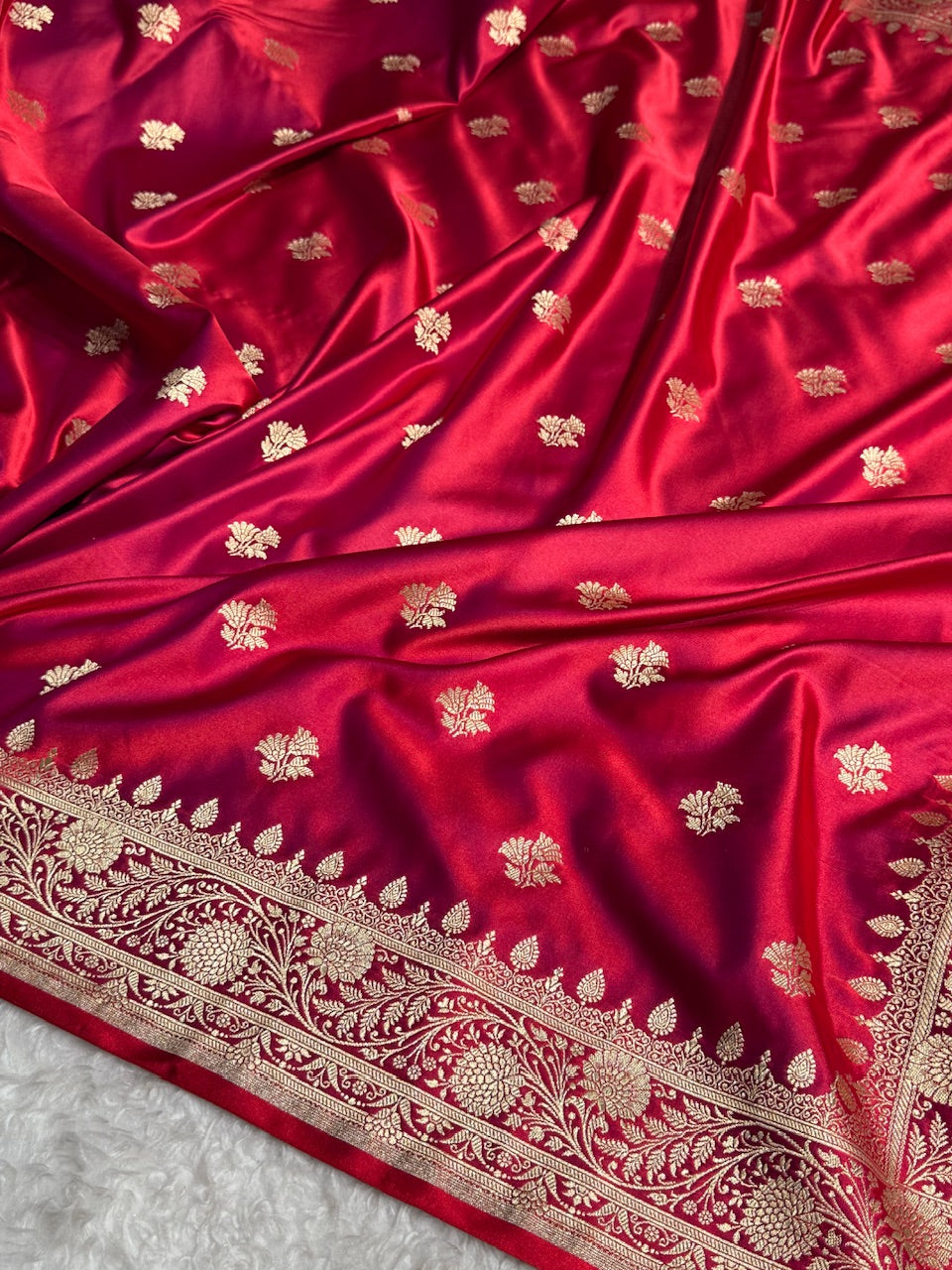Cross Magenta Red Floral Boota Satin Katan Silk saree