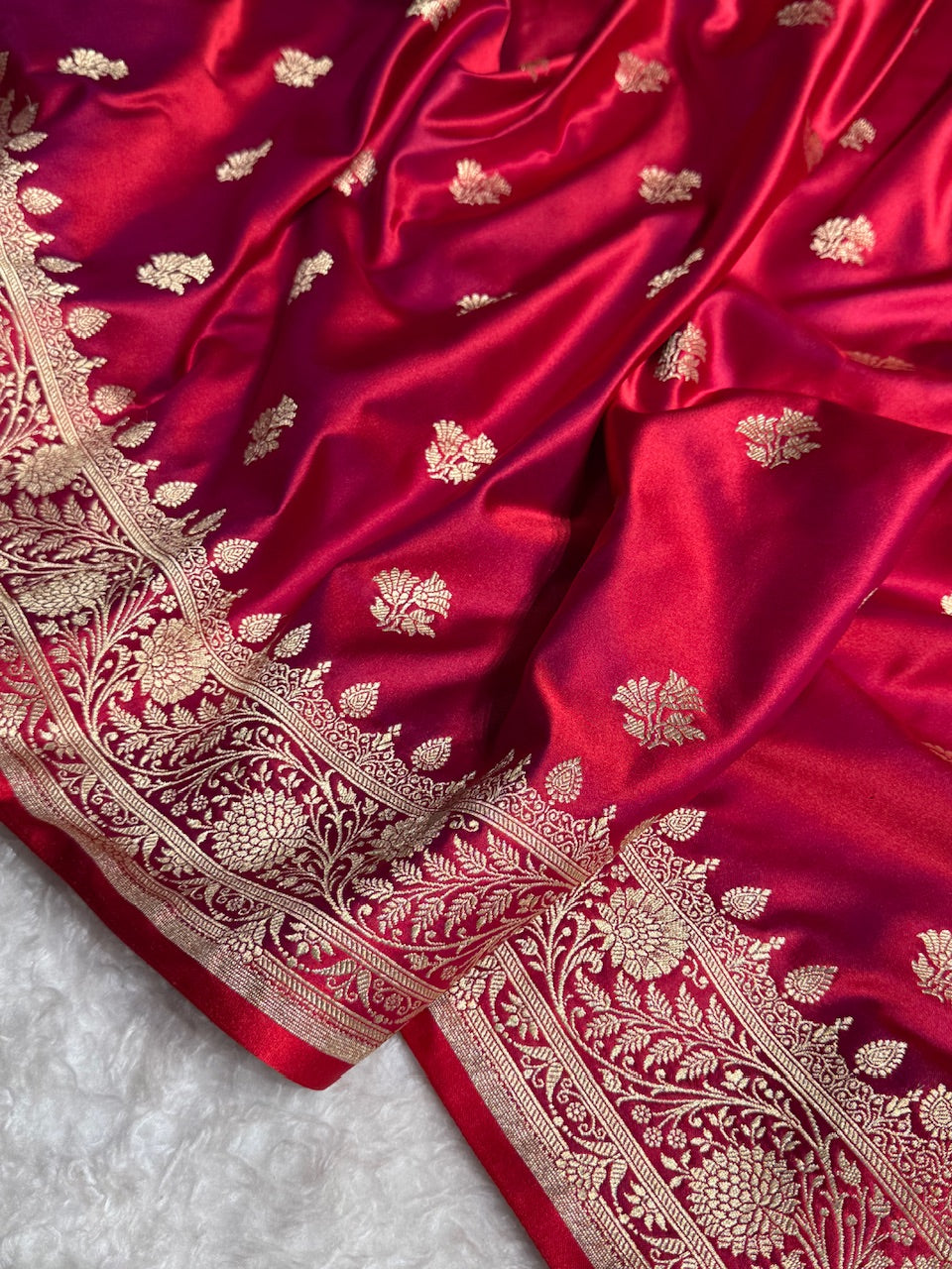 Cross Magenta Red Floral Boota Satin Katan Silk saree
