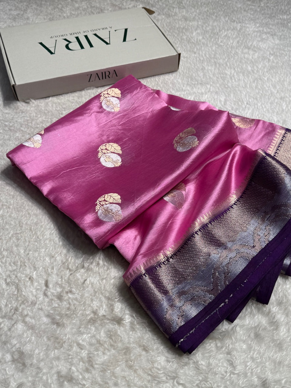 Baby Pink - Purple Flower Boota Pure Caramel Mango Silk Saree