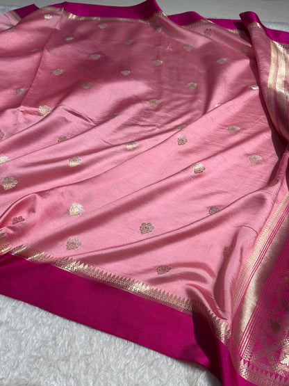 Baby Pink - Wine Shades Floral Booti Pure Caramel Mango Silk Saree