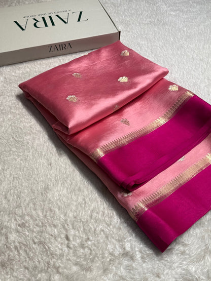 Baby Pink - Wine Shades Floral Booti Pure Caramel Mango Silk Saree