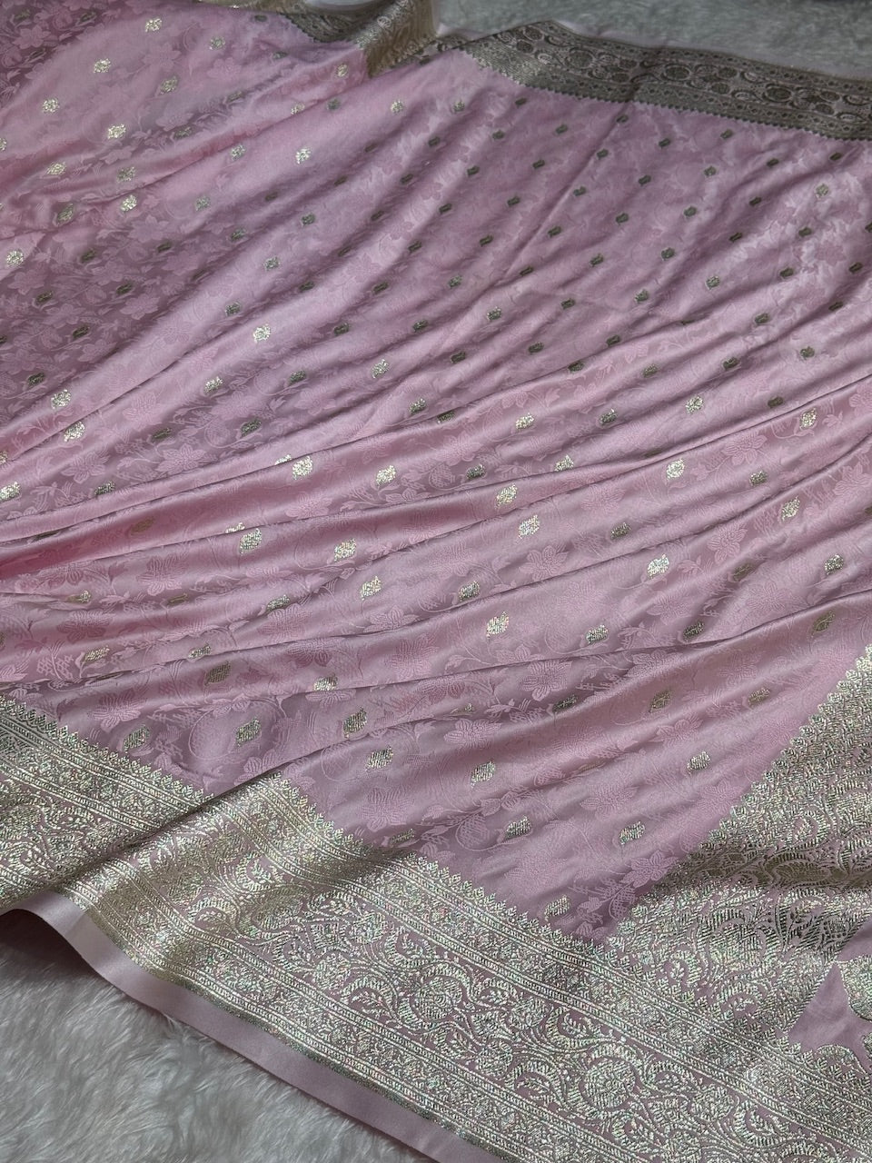 Baby Pink Tanchoi Satin Katan Silk Saree SKTM-03