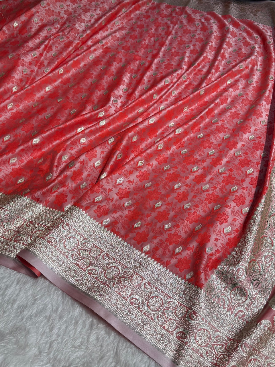 Pestal Orange Tanchoi Satin Katan Silk Saree SKTM-03
