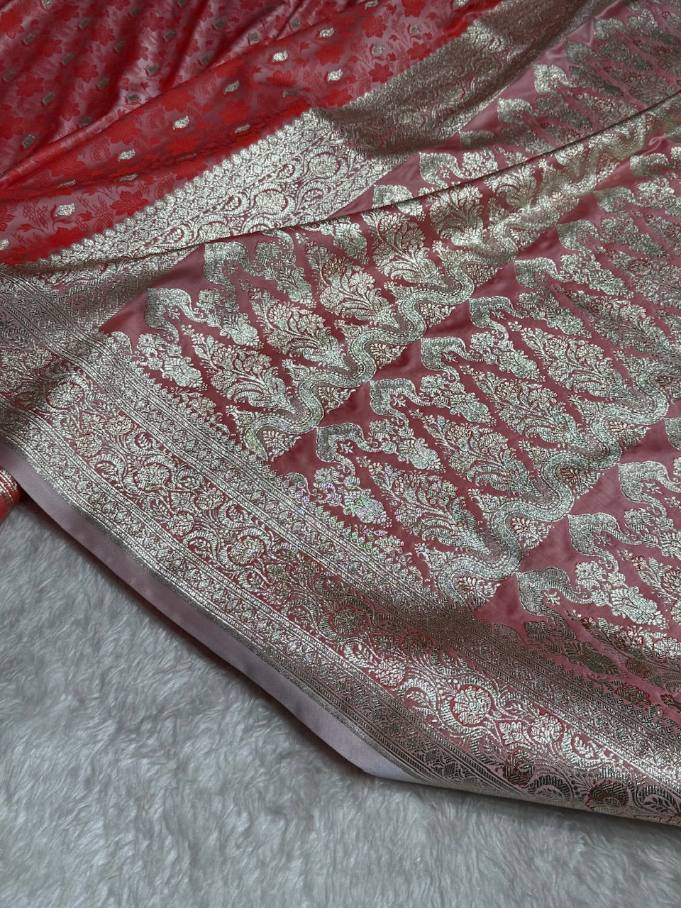 Pestal Orange Tanchoi Satin Katan Silk Saree SKTM-03