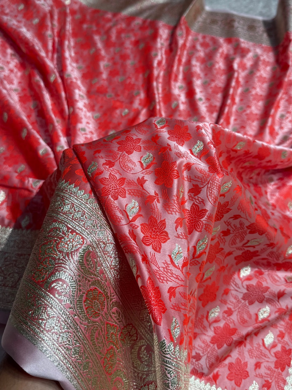 Pestal Orange Tanchoi Satin Katan Silk Saree SKTM-03