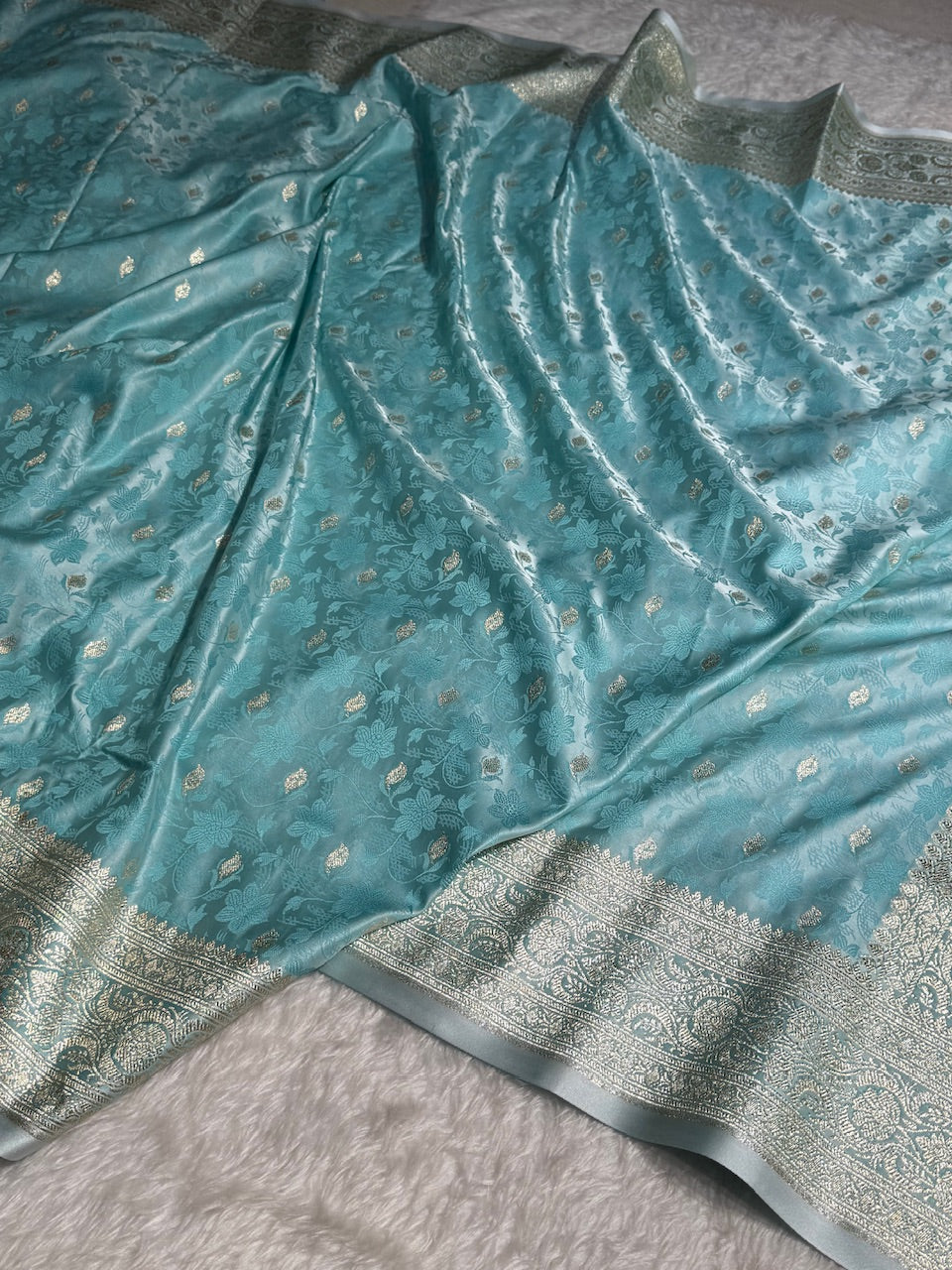 Sky Blue Tanchoi Satin Katan Silk Saree SKTM-03
