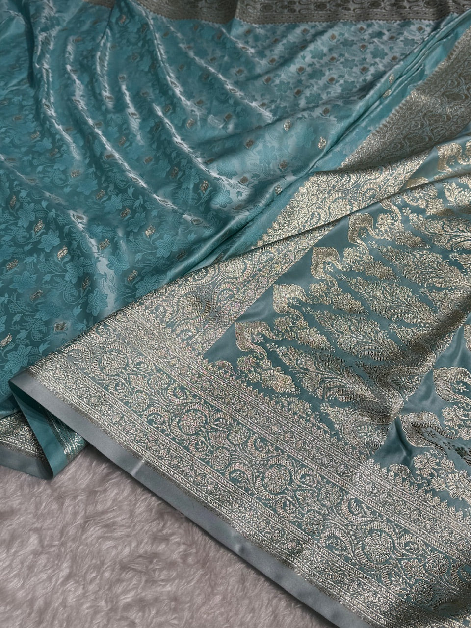 Sky Blue Tanchoi Satin Katan Silk Saree SKTM-03
