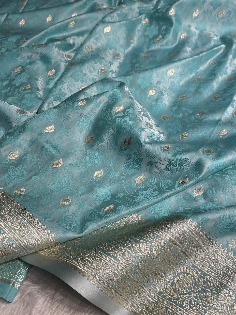 Sky Blue Tanchoi Satin Katan Silk Saree SKTM-03