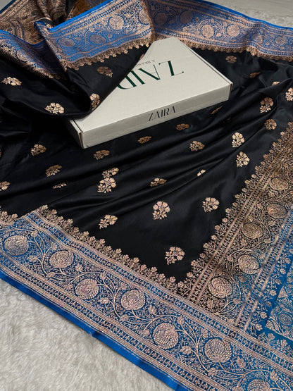 Black - Blue Banarasi Boota Katan Silk Saree