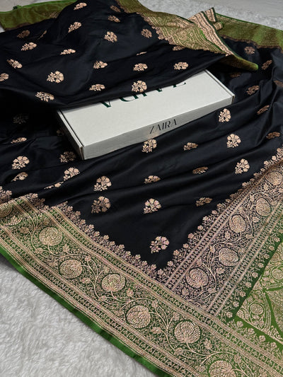 Black - Mehandi Banarasi Boota Katan Silk Saree